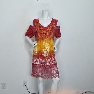 Shoreline Red Yellow Bohemian Paisley Boho Pullover Cold Shoulder Dress One Size